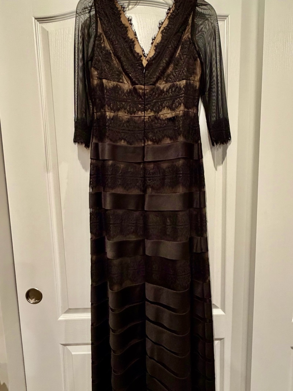 JS Collections Black Lace and Satin Long Sleeve Evening Gown